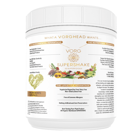 VORG SuperShake Ingredients: Amla, Cacao, Lucuma, Mesquite, Wheatgrass, Moringa, Chlorella